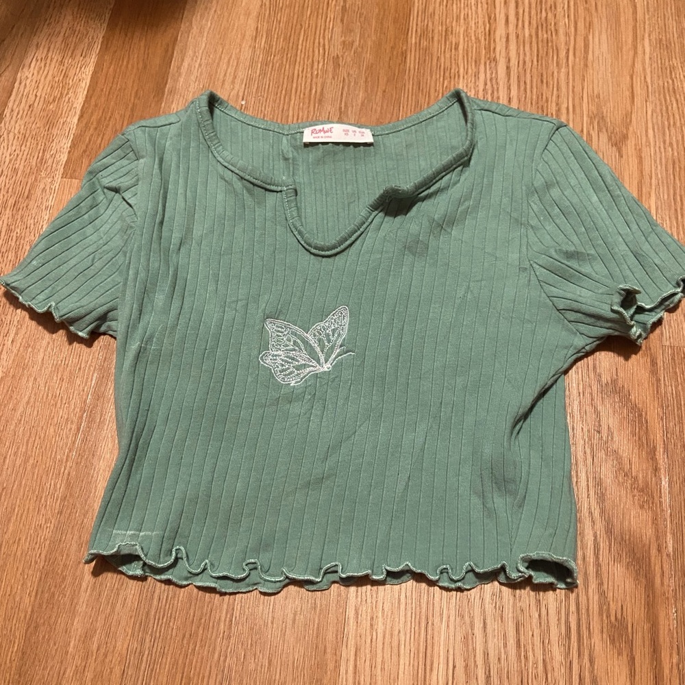 Green Butterfly Embroidered Crop Top